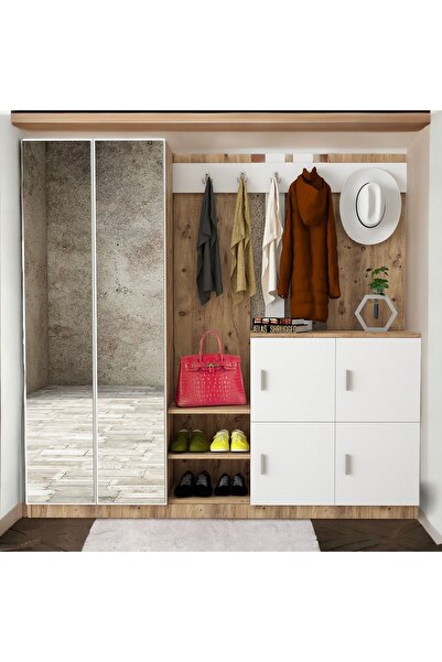 L'occi Concept Belize Aynalı Askılı Vestiyer Portmanto Ayakkabılık Çam-beyaz