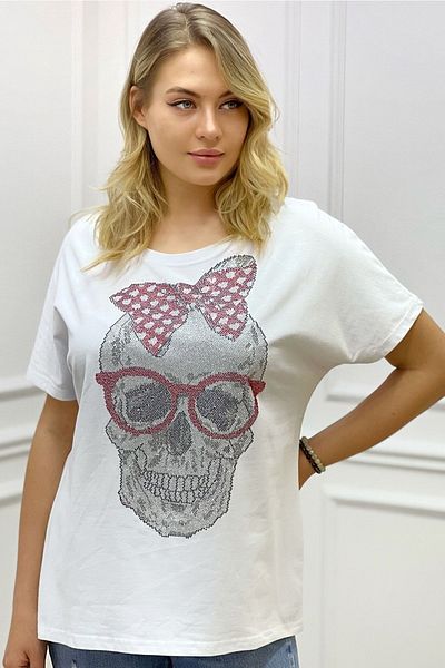 RICH GLAM Large Size Stylish Comfortable Bat Sleeve T-shirt - Loose Fit, Crystal Skull Stone Detail, White Cotton
