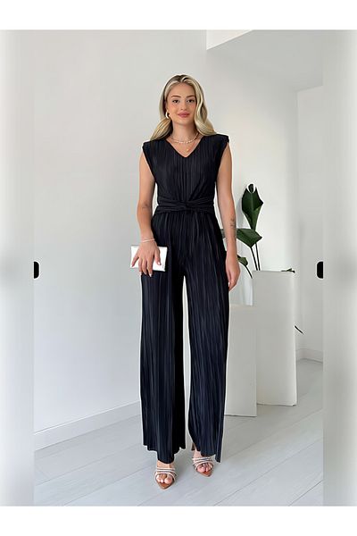 LAMİFUSTORE Pleated and Waist Detailed Back Low-cut Jumpsuit