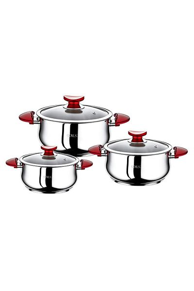 OMS PASLANMAZ 1033 - Red 6 Pieces, 1st Grade Stainless Steel Induction Casserole Cookware Set