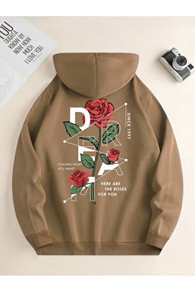 NoVibe Hanorac supradimensionat unisex cu glugă cu imprimeu Dream Rose - 3 fi...