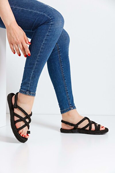 Devida Sandale de damă cu talpă confortabilă, cu frânghie, cu împletitură de paie, negre