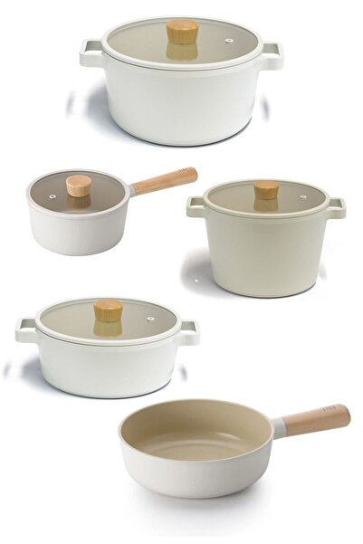 NEOFLAM Fika Cam Kapaklı Alüminyum Döküm Tencere Ve Tava Seti 9 Parça