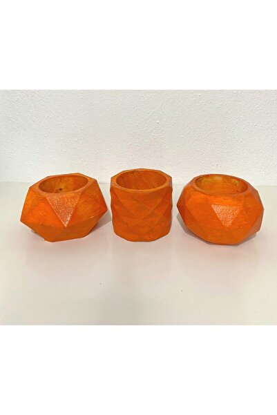 decolight 3'lü Turuncu Renk Beton Sukulent Ve Kaktüs Saksı Seti