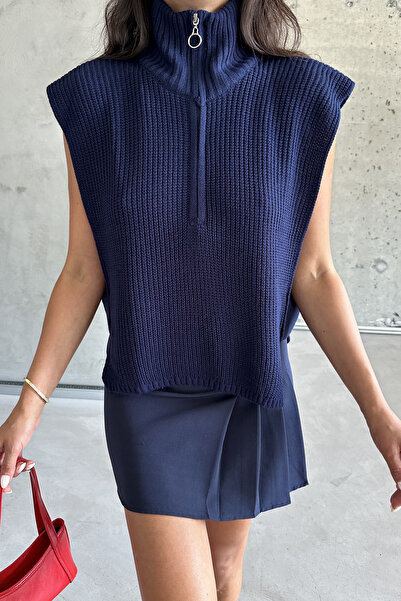 MODAGEN Γυναικείο πλεκτό πουλόβερ με γιακά με μισό φερμουάρ σε μπλε μπλέ