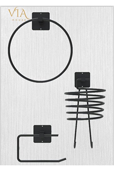 VİE HOUSE Yapışkanlı Siyah Fön Makinesi Askısı Yuvarlak Havluluk Tuvalet Kağı...