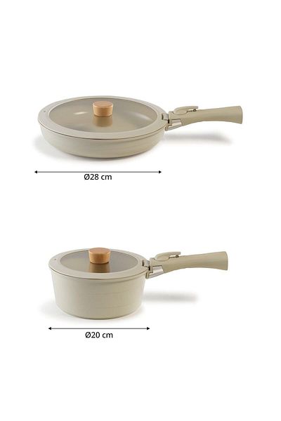 NEOFLAM Midas Beige (9 Pieces & 6 Pieces) 15 Piece Interlocking Pots and Pans Set with Detachable Handle