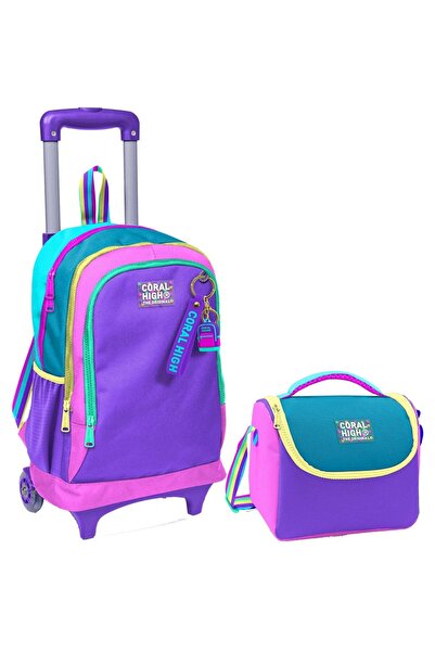 Coral High حقيبة مدرسية باللون الوردي الباستيل ومجموعة غداء للفتيات - عجلة مضيئة