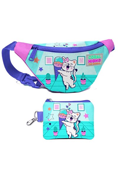 Coral High Turquoise Pink Cat Patterned Waist Bag and Coin Purse Set for Girl