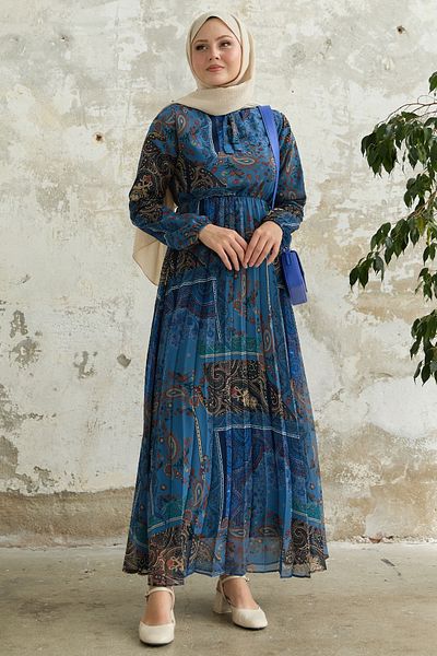 InStyle Rochie albastră din șifon cu imprimeu șal Viera, cu guler cu curea