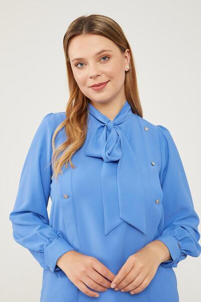 Levidor İndigo Kendinden Fular Bağlamalı Şifon Gömlek