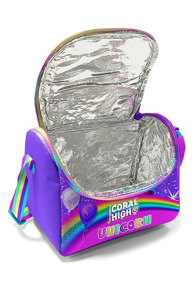 Coral High Set cutie de prânz și suport pentru creion pentru fete cu model de unicorn cu sclipici violet