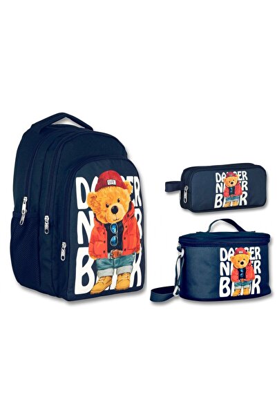 ÜMİT ÇANTA Navy Blue 3-Piece Ummit Bag Set - Cennec Teddy Bear Printed Primar...