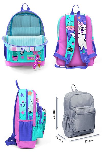 Coral High Set de geanți pentru școală primară cu model de pisici cu înghețată turcoaz și roz pentru fete