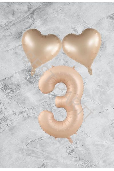 BEST PARTİ DOĞUM GÜNÜ PARTİ SÜSLERİ Age 3 Sand Beige Heart Numeral Foil Balloon Set