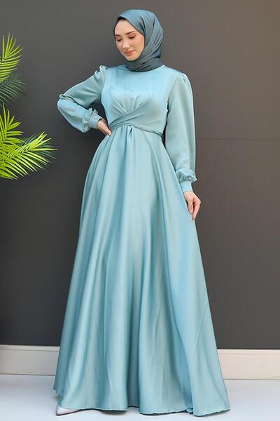 GİZ AGİYİM Light Mint Cross Belted Evening Dress