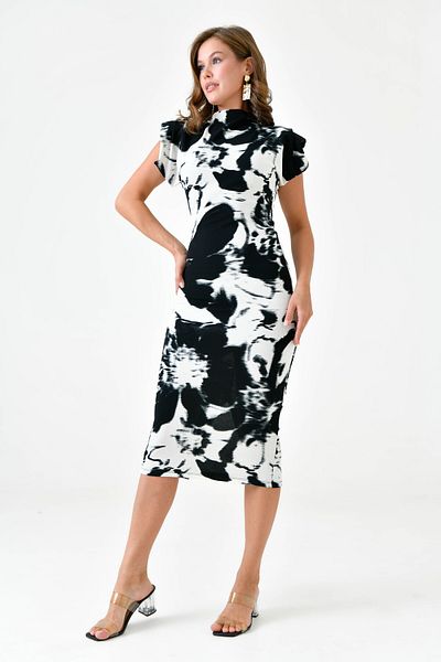 WOMAN VISION Rochie midi cu imprimeu digital din țesătură nisipoasă - Detaliu cu fante și vată, fără mâneci, guler 12271
