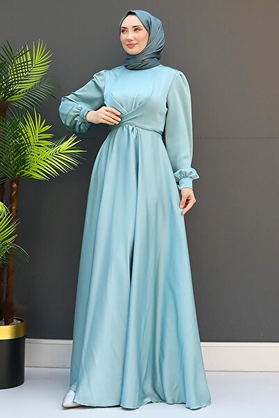 GİZ AGİYİM Light Mint Cross Belted Evening Dress