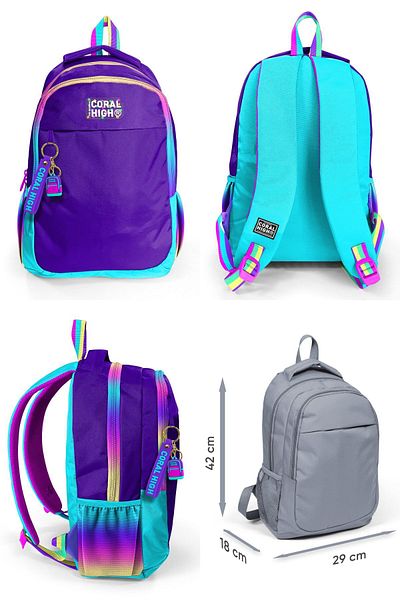 Coral High Set rucsac mov cu fermoar curcubeu și suport pentru creion pentru fete - școală primară și gimnazială
