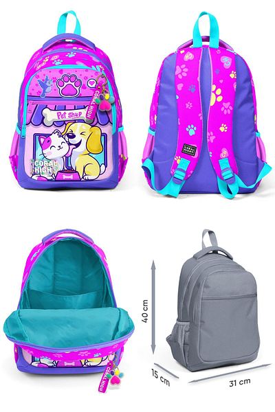 Coral High Girl's School Lunch Set - Cat and Dog Pattern, Pen Holder and Waist Bag