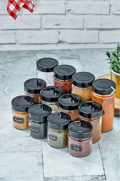 FBZhome 12-Piece Labeled Deep Twist Glass Spice Bowl Set 255-350-500 Ml Jar Set