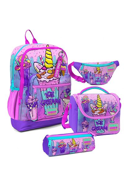 Coral High Set de geanți și genți pentru școală primară pentru fete cu model de înghețată roz violet