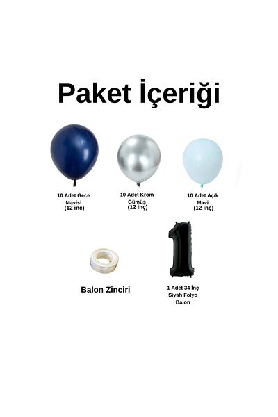Ata Parti Dünyası Birthday Concept - Chrome Silver, Midnight Blue, Light Blue 1-34inch Black 30-Piece Balloon Chain Party