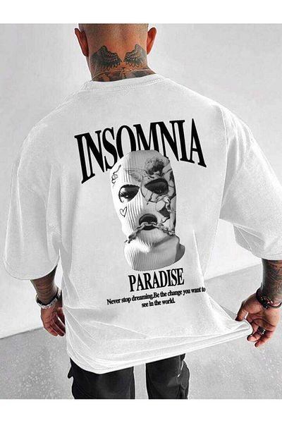 NO 601 Λευκό ανδρικό μπλουζάκι υπερμεγέθους Insomnia - Πίσω στάμπα