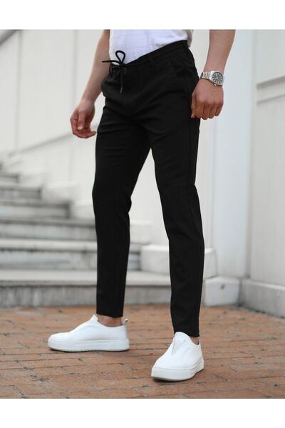 JACK CAPRİO Erkek Siyah Jogger Pantolon Bel Lastikli Likralı Pantolon