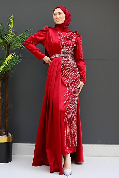 GİZ AGİYİM Βραδινό φόρεμα με μανδύα μπορντό τριφύλλι