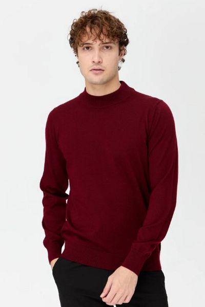 LEON ONE Claret Red Men's Knitwear Sweater - Half Turtleneck, Non-Pilling, Regular Fit