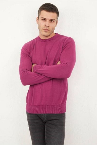 LEON ONE Men's Knitwear Sweater - Crew Neck, Cherry Color, Regular Fit, Non-Pilling