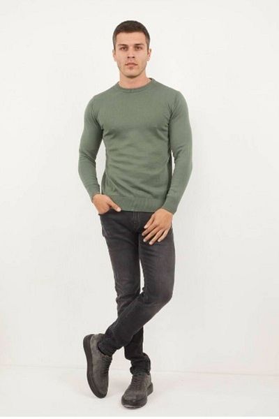 LEON ONE Men's Khaki Knitwear Sweater - Crew Neck, Regular Fit, Non-Pilling