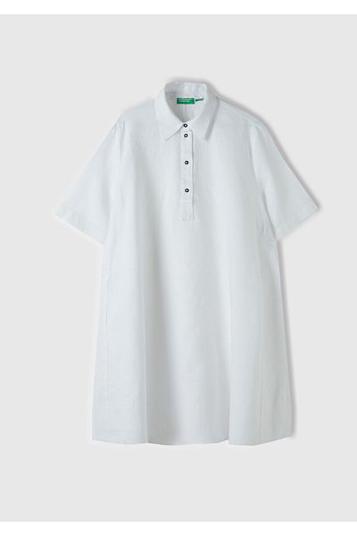 United Colors of Benetton White Linen - 100% Linen Buttoned, Shirt Collar Light Dress