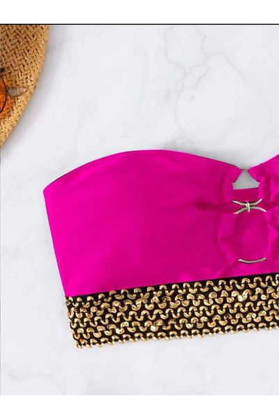 sayina Ροζ Στράπλες Κεντημένο Crop Bustier - Μπικίνι με λεπτομέρεια από λάστιχο και επένδυση