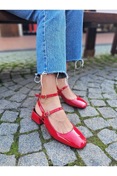 EPTC Mary Jane Light Red Patent Leather Vintage Square Blunt Toe Thick Heeled shoes