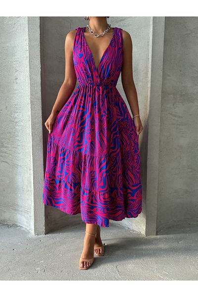 BEJNA Fuchsiafarbenes Damenkleid – Wickelkragen, ärmellos und gewebt