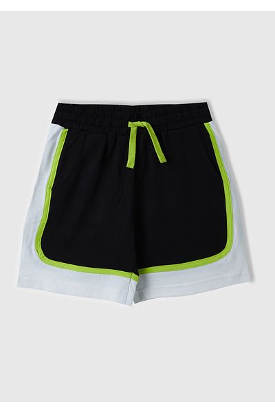 United Colors of Benetton Boy - Black Logo Embroidered Drawstring Waist and Color Block Bermuda Shorts
