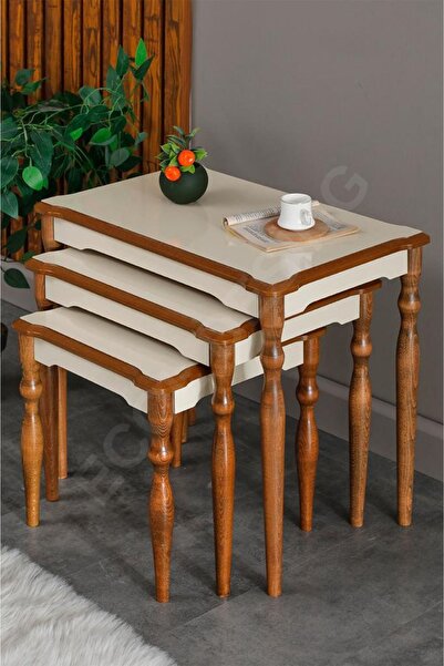 FAYMEND İnci Krem 3'lü Lüx Ahşap Sehpa