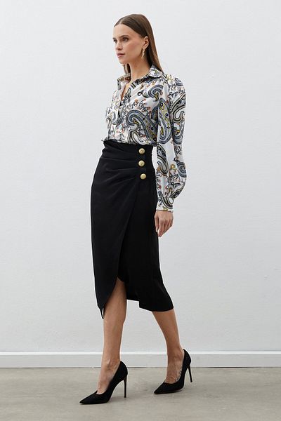 Sateen Black Satin Crepe Skirt - With Button Accessory