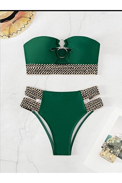 sayina Κομψό σετ μπικίνι με πράσινη στράπλες ψηλόμεση επένδυση από καουτσούκ - για τη θάλασσα και την πισίνα