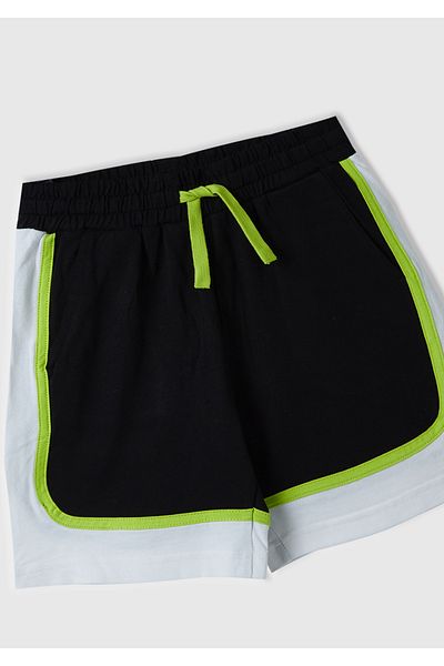 United Colors of Benetton Boy - Black Logo Embroidered Drawstring Waist and Color Block Bermuda Shorts