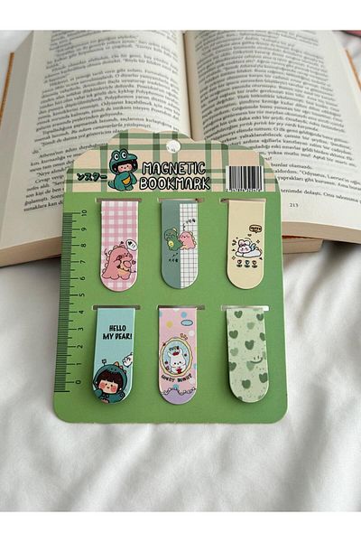 Planet Butik 6-Piece Bookmark Set - Kawaii Dino, Dinosaur, Magnetic Ruler Paperclip Magnetic Bookmark