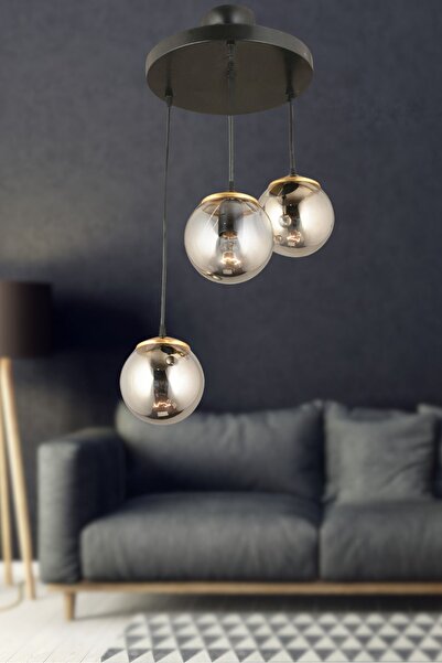 KARDELEN AYDINLATMA AVİZE Kardelen Sarkıt Tepsi Siyah 3'lü Füme  Glop Camlı  ...