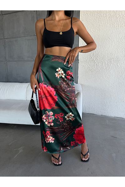 Fiori Fusta maxi lunga din satin - cu talie elastica