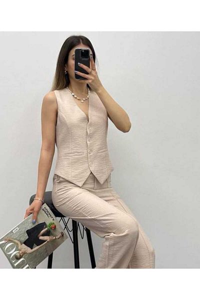 NEVEGE BUTİK Stone Color Stylish Linen Women's Vest - Lined