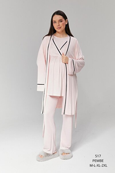 Pijamadam Kadın Pembe Üçlü Sabahlıklı Hamile-Lohusa Pijama Takımı