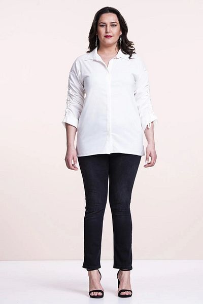 EVEN plus size قميص أبيض كبير الحجم بأكمام وأربطة
