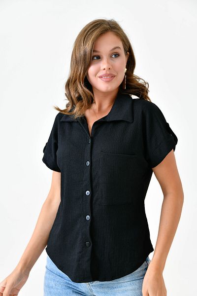 WOMAN VISION Țesătură Seersucker neagră - Cămașă cu mânecă scurtă cu buzunar 9628