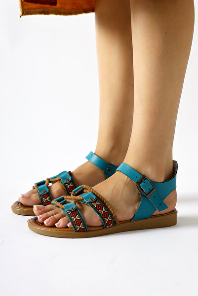 Limoya Genuine Leather Sohna Turquoise Women's Sandals with Authentic Embroidery Detail
